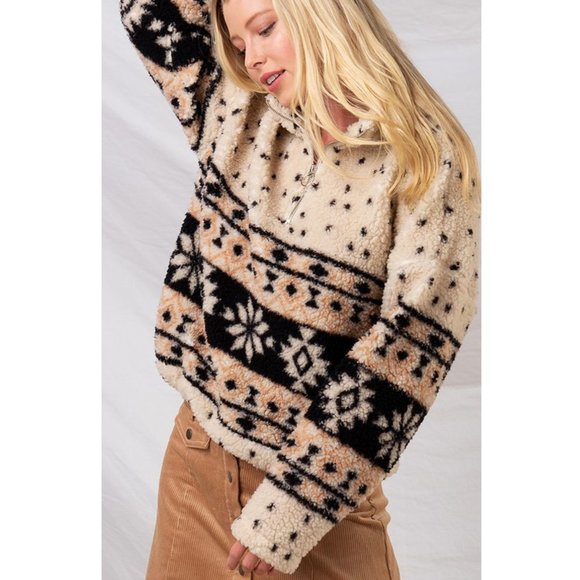 NEW Cream Aztec Sherpa Half Zip Pullover Sweater - Picture 7 of 10